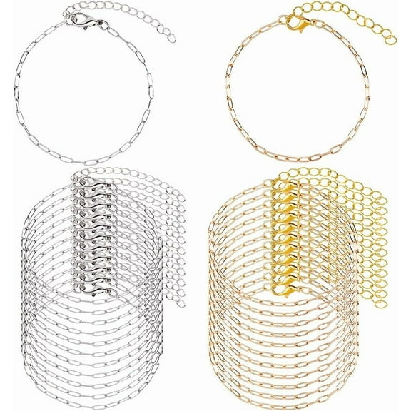 Hobbspring 24Pcs Stainless Steel Bracelet Chains 2 Colors Bracelet Link Chains DIY Jewelry Making Bracelets Chains Adjustable Charm Bracelets with Lobster Clasps