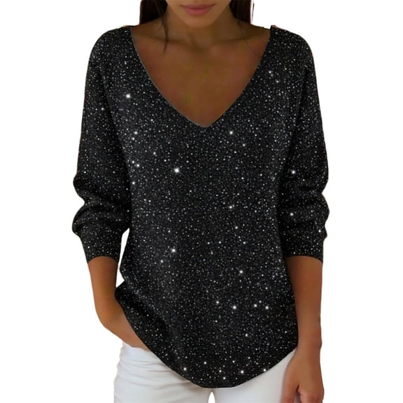 Laqbezok Women's Sparkly V Neck Long Sleeve Top, Shimmering Glitter Casual Faux Knit Sweater, Party Night Out Glow Pullover Fashion Outfit