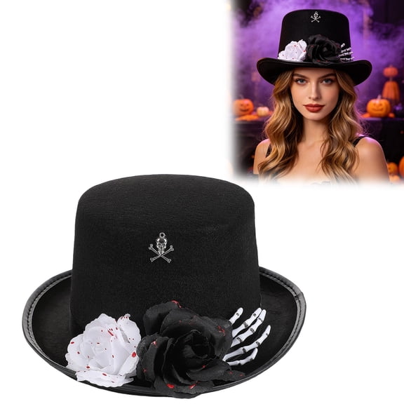 Gothic Top Hat with Skull and Ribbon for Cosplay Halloween Party Black 1pc