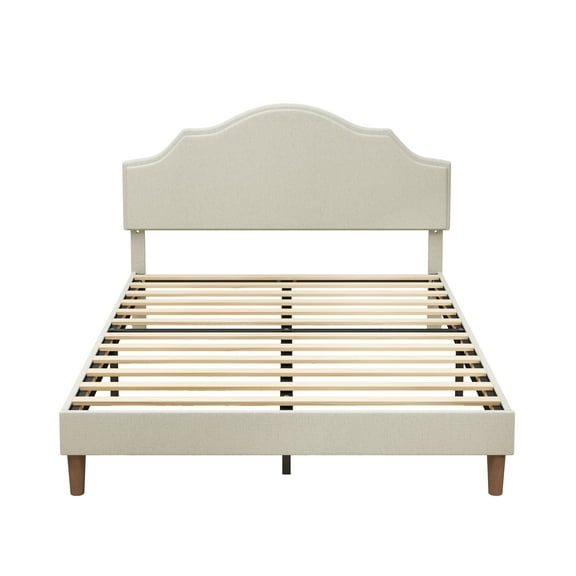Queen Size Bed Frame Upholstered Platform Bed with Adjustable Headboard,Linen Fabric Padded,Modern Simple Style Platform Bed No Box Spring Needed, Easy Assembly, Beige