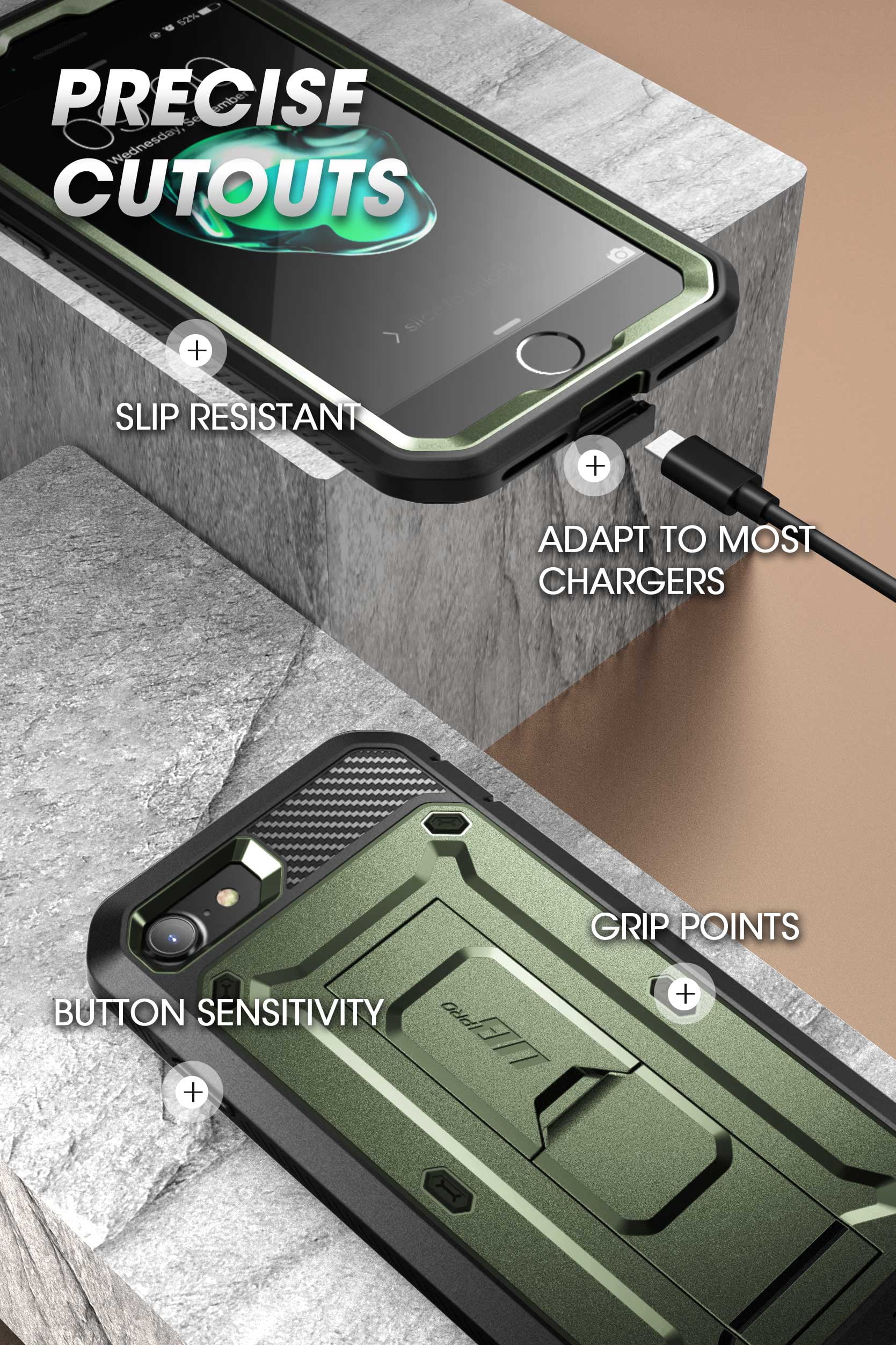 SupCase Unicorn Beetle Pro Series Case Designed for iPhone SE (2022/2020) / iPhone 7 / iPhone 8, Built-in Screen Protector Full-Body Rugged Holster & Kickstand Case (Guldan)