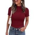 thumbnail image 3 of PRETTYGARDEN Short Sleeve T Shirts for Women Summer Clothes Casual Spring Tops Ruffle Mock Neck Ribbed Fitted Basic Tees, 3 of 9