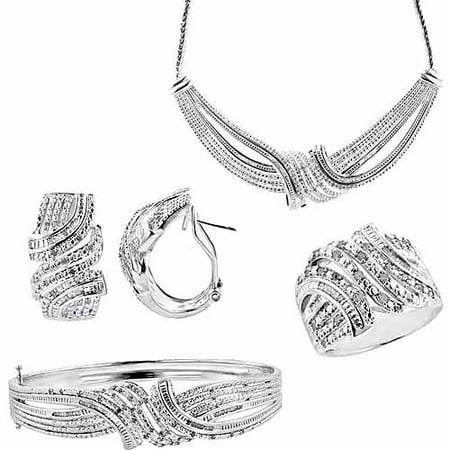 2-Carat T.W. Round White Diamond Rhodium-plated Ring, Earrings, Bangle and Necklace Set, 17, Size 7