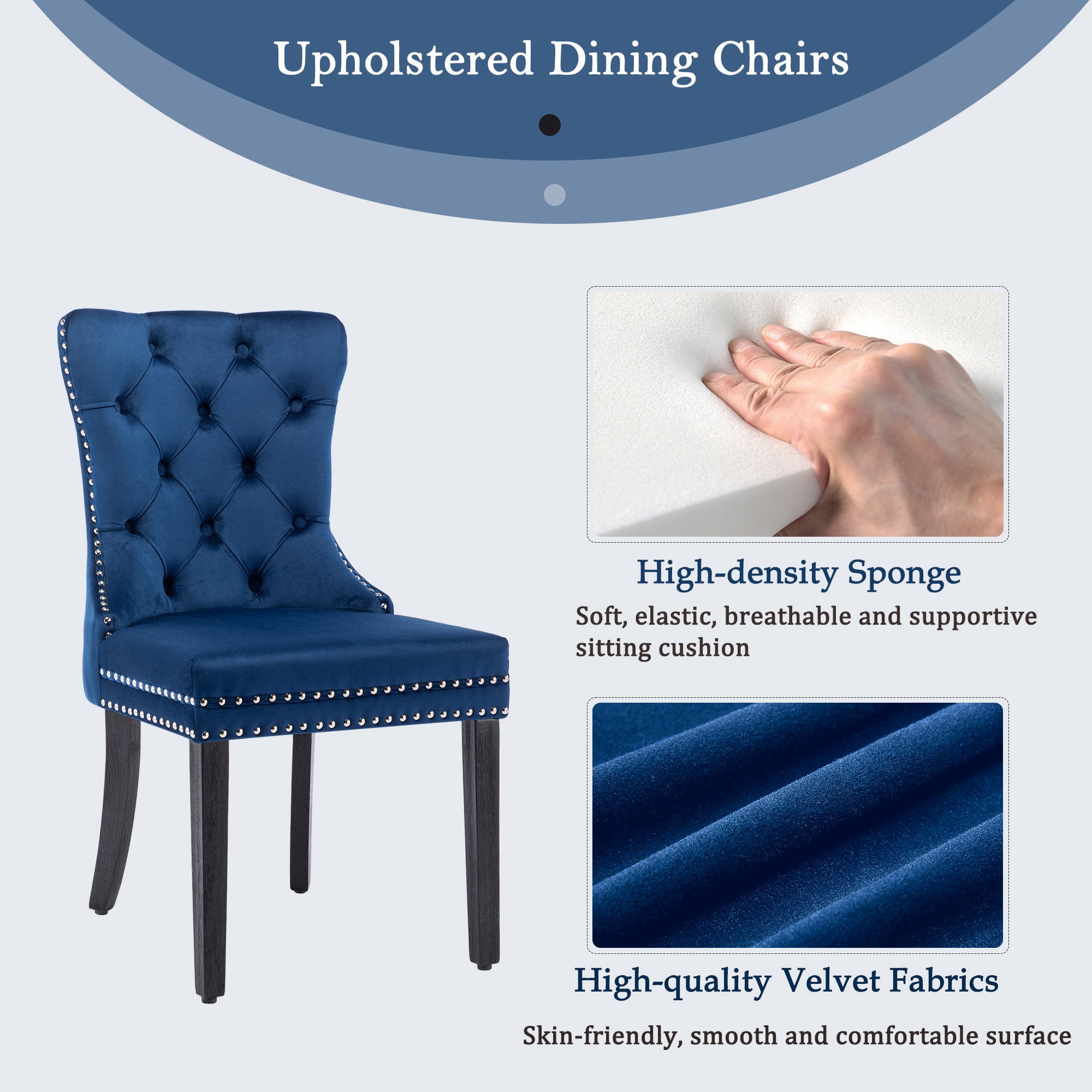 Velvet Dining Chairs Set of 4, Upholstered High-end Tufted Dining Room Chair with Nailhead Back Ring Pull Trim Solid Wood Legs, Contemporary Nikki Collection Modern Style for Kitchen, Blue