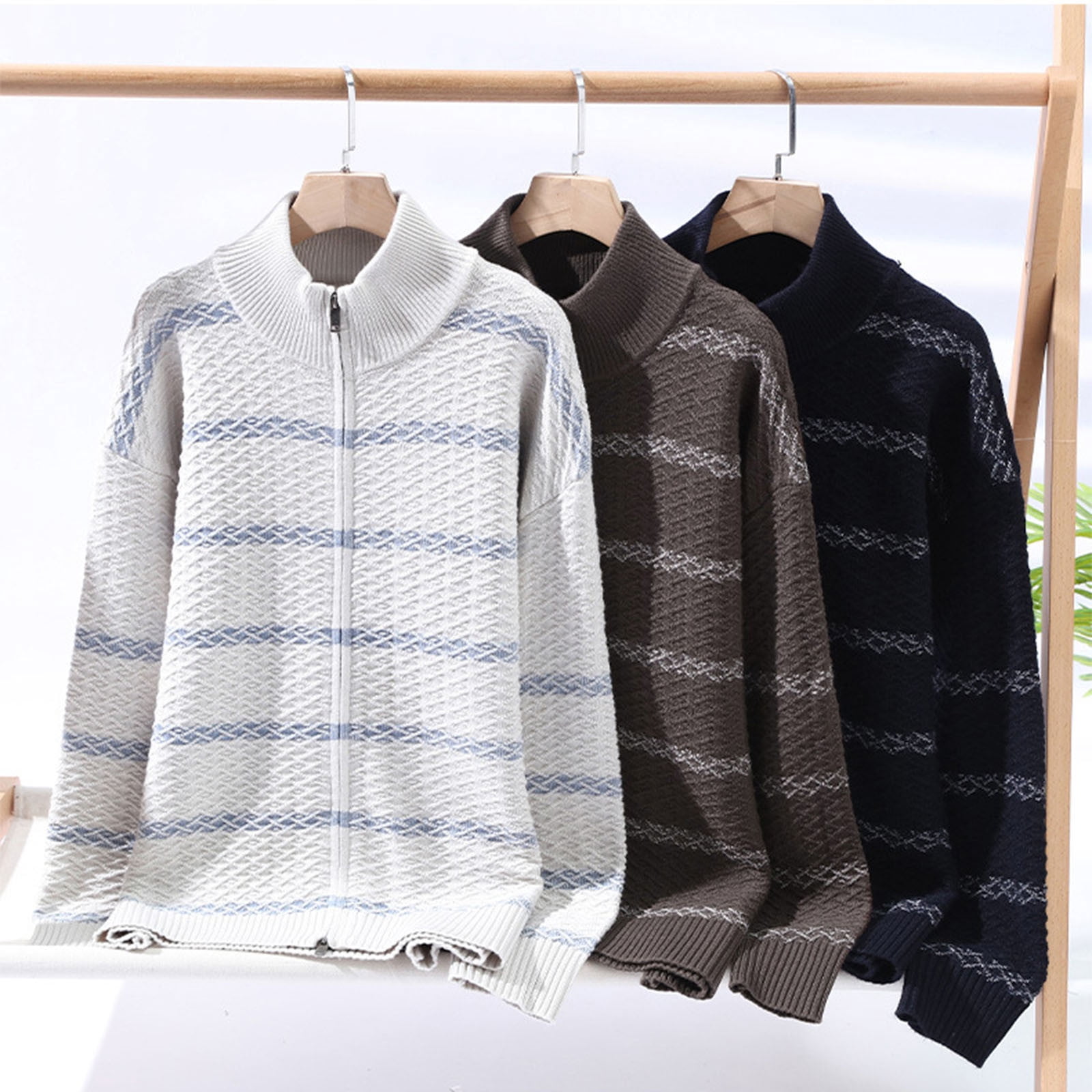 Zedker Cardigan for Mens Full Zip Sweater Slim Fit Cable Knitted Zip up Sweater with Pockets Navy XXL