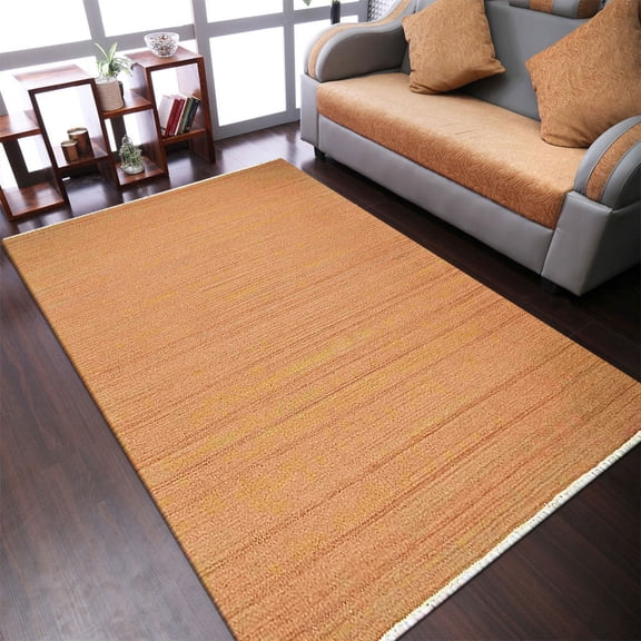 Rugsotic Carpets Hand Woven Flat Weave Kilim Wool Eco-Friendly 6'x9' Area Rugs Rectangle Orange Plain Solid Design Low Pile Indoor Handmade Rug for Living Room, Bedroom D00111