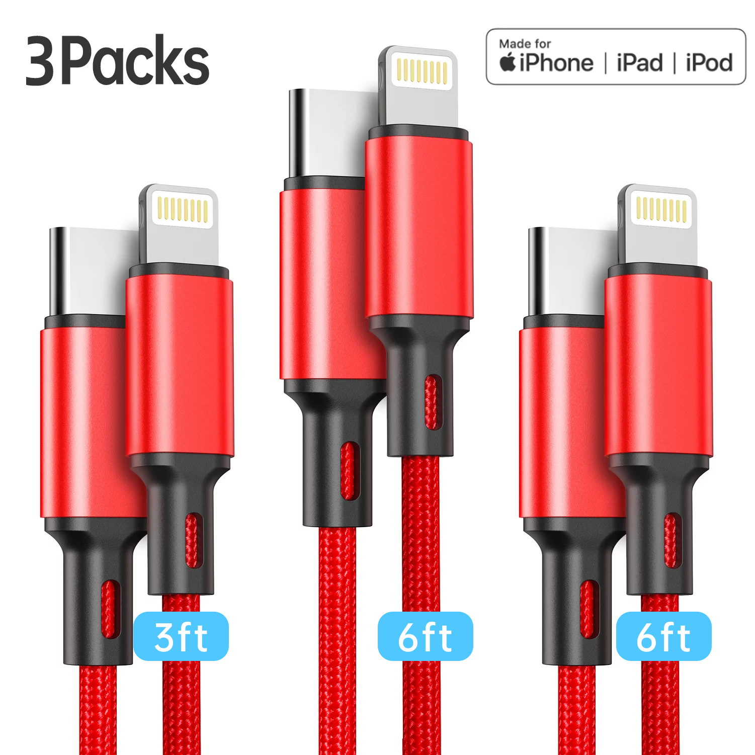 Cshidworld USB-C to Lightning Cable 3-Pack, MFi Certified, Fast Charging