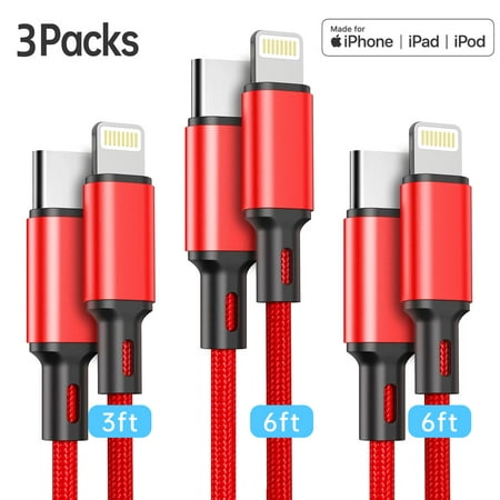 3 Pack USB C to Lightning Cable [ Apple MFi Certified] 3/6/6 FT Nylon Braided Fast Charging Cord, Type C Iphone Chargers Cables for iPhone 14/13 Pro/12 Pro Max/12/11/X/XS/XR/8 Plus, AirPods Pro,iPad 8