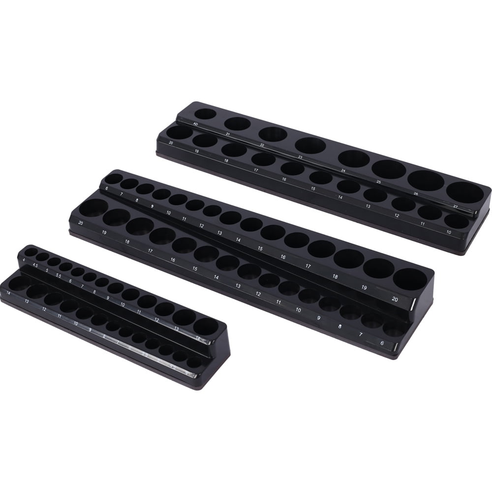 3 Piece Magnetic Socket Organizer Set, 1/2", 1/4" and 3/8" Socket Holder Kit, Attaches to Steel Box / Tool
