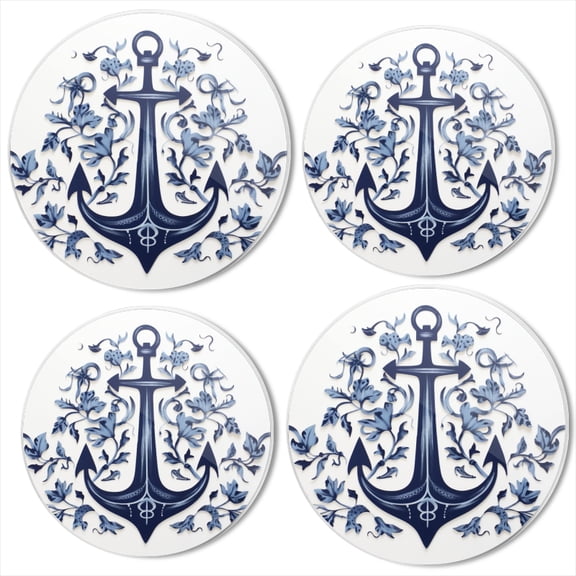 BaHomeck Electric Stove Burner Covers Set of 4,Round Metal Gas Stove Burner Covers 8 Inch and 10 Inch,Kitchen Decor,Blue Anchor With Floral Designs Surrounding It