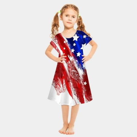 

Realhomelove 4th of July Dresses for Girls American Independence Day Star Striped Short Sleeve Dress 4th of July Outfits Summer Beach Dresses Birthday Sundress Swing Outfit 2-8 Years