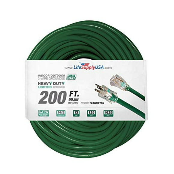200 ft Extension Cord 14/3 SJTW with Lighted end - Green - Indoor / Outdoor Heavy Duty Extra Durability 8 AMP 125V 1000 Watts Listed by LifeSupplyUSA