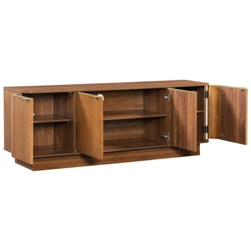 70 Inch Mid-Century Modern TV Stand, Fluted Wood Media Console with Adjustable Shelves and Cable Holes, Entertainment Center with Storage Cabinets, Farmhouse TV Cabinet for Living Room, Brown