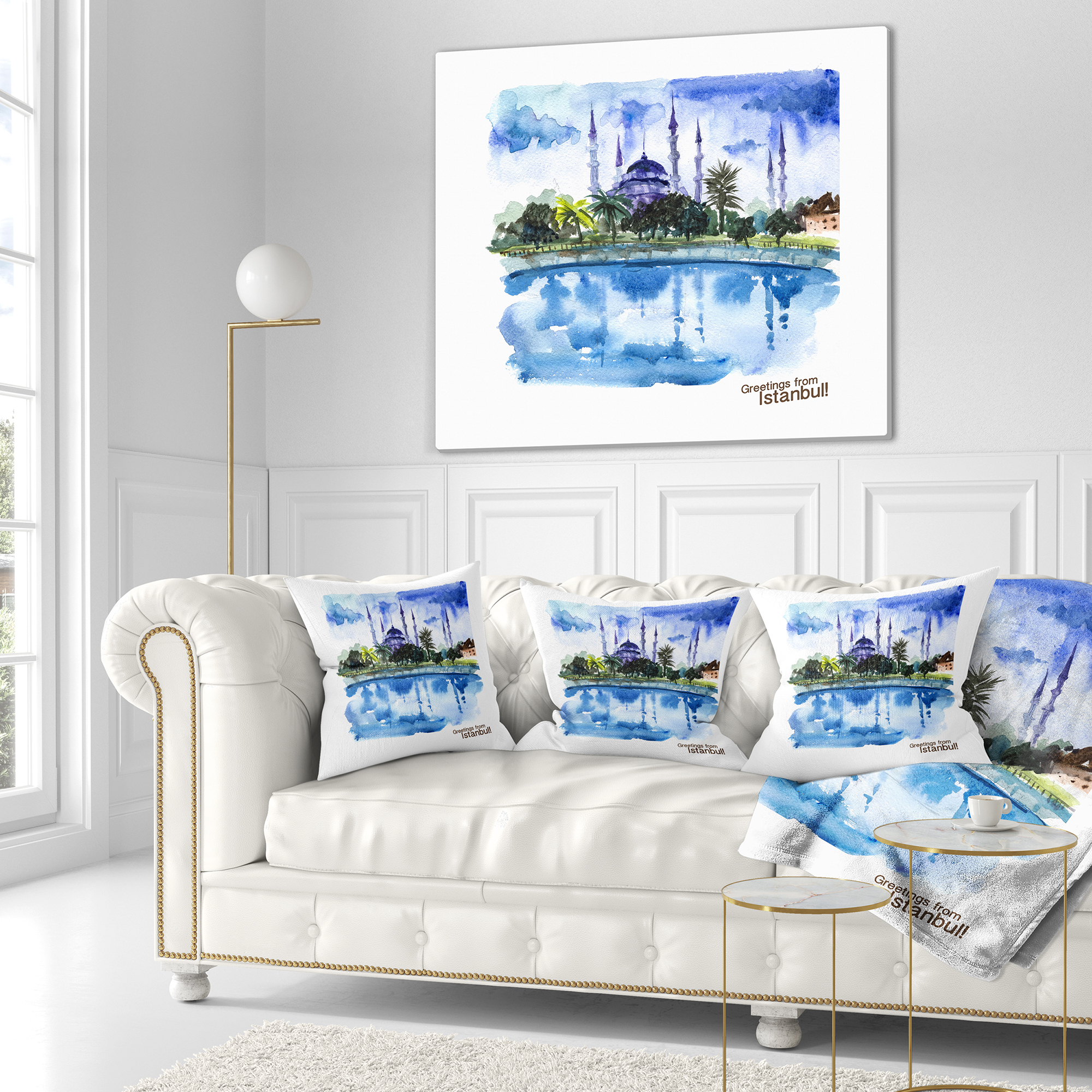 Designart Istanbul Hand drawn Illustration - Cityscape Painting Throw Pillow - 16x16