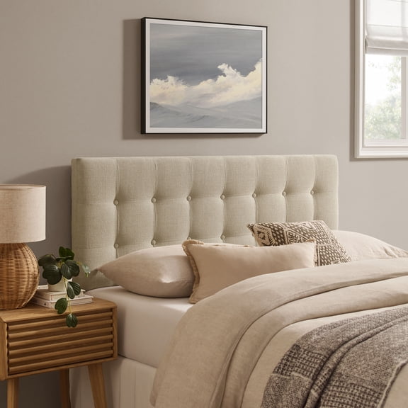 Emily Fabric Upholstered Queen Size Headboard in Ecru