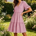 thumbnail image 6 of Guieoi Summer Dresses for Women Plus Size Striped V-Neck Pleated Casual Mini Beach Midi Dress with Pockets Red XXXL, 6 of 9