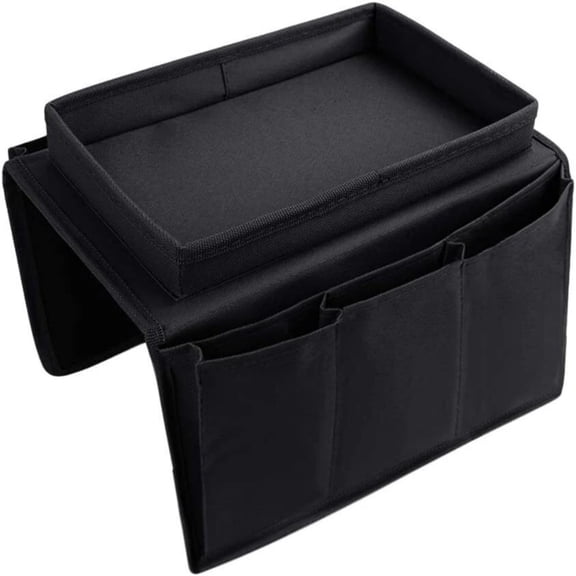 Sofa Armrest Organizer with Cup Holder Tray, Recliner Chair Arm Caddy with Storage Pockets for Remote, Phone, Tablet, Books and Magazines, Black