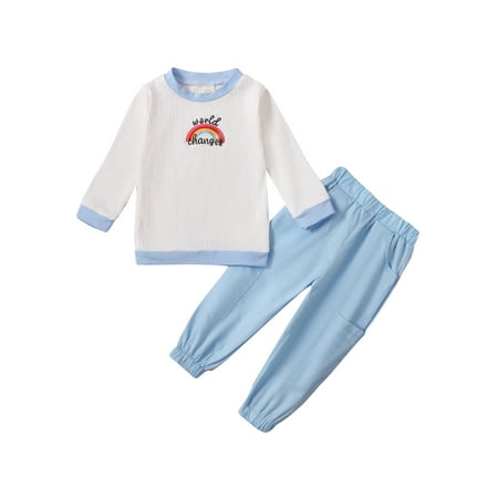 

2022 1-5Y Sweet Kids Girl Clothing Letter Rainbow Embroidery O-Neck Long Sleeve Tops+Pockets Solid Color Trousers Autumn Outfits