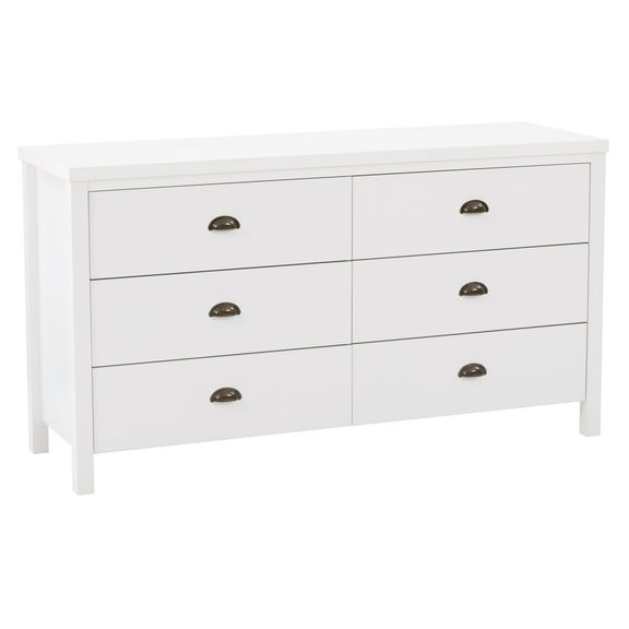 CorLiving Boston Modern White Engineered Wood 6 Drawer Wide Dresser for Bedroom - Large Wide Long Chest of Drawers
