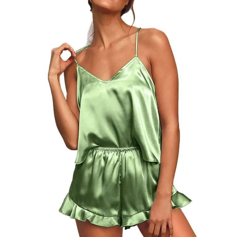 WANYNG pajamas for women Women's Silk Satin Ruffled Pajamas Sets Cami  Shorts Sets Sleepwear Satin Pajamas Cami Shorts Set Nightwear Pajamas Set  Sleeveless Polyester Sleepwear Sets Mint Green XXL 