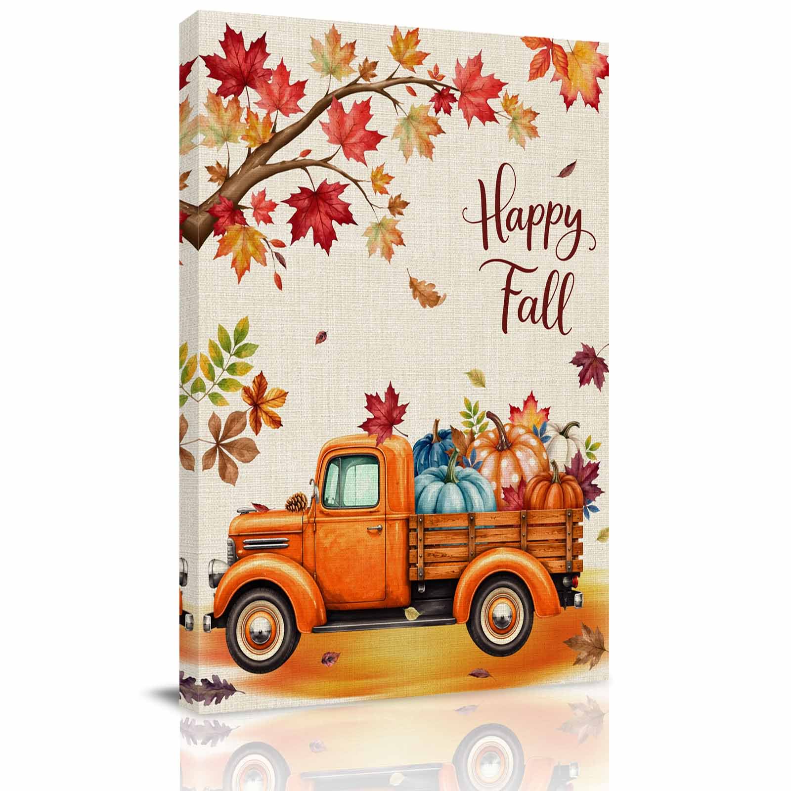 Canvas Wall Art Happy Fall Framed Canvas Prints for Kitchen Bedroom Orange Truck Maple Branch Thanksgiving Rustic Small Gallery Wrapped Wall Decor for Home Office Gifts 8 x12 Ship Next Day