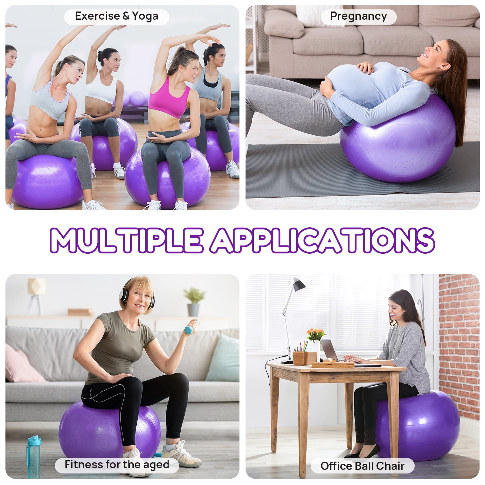 Lockways Yoga Ball, 2Pcs Anti Burst Exercise Ball for Fitness, Physical Therapy, Thick Heavy Duty Pilates Ball with Pump for Office, Home, Gym, Purple, 2 Sizes, 25.6 inch & 9 inch