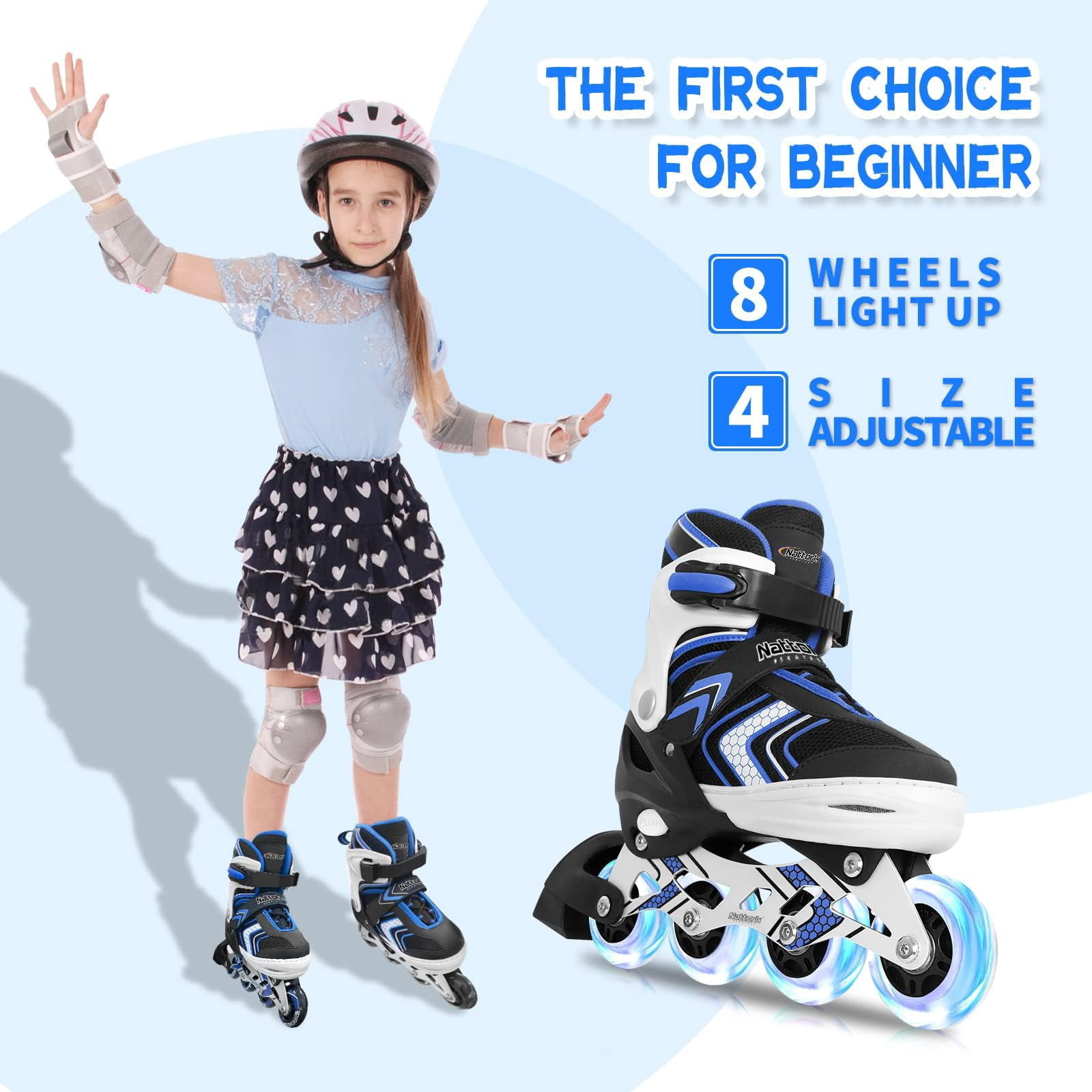 MammyGol Light Up Skates for Kids Girls Boys，Adjustable Inline Skates Youth Beginner Outdoor Blue 9-12