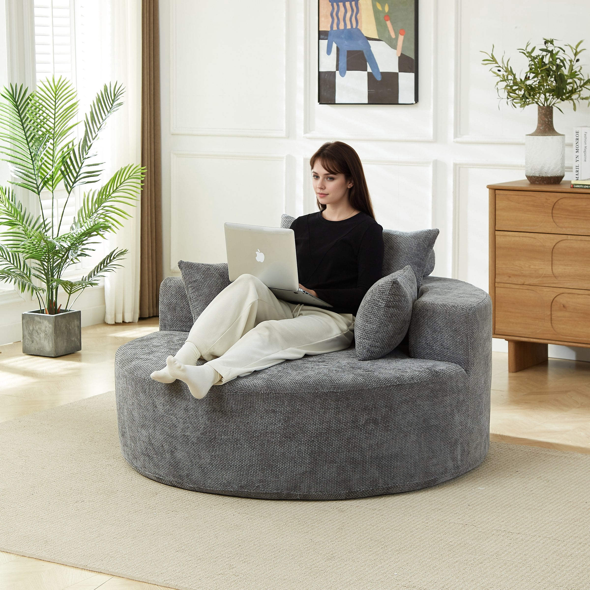 55'L Chenille Sponge Single Sofa, Fluffy Modern Sleeper Chair For Living Room, Bedroom, Lounge And Projection Room (Not A Swivel Chair)