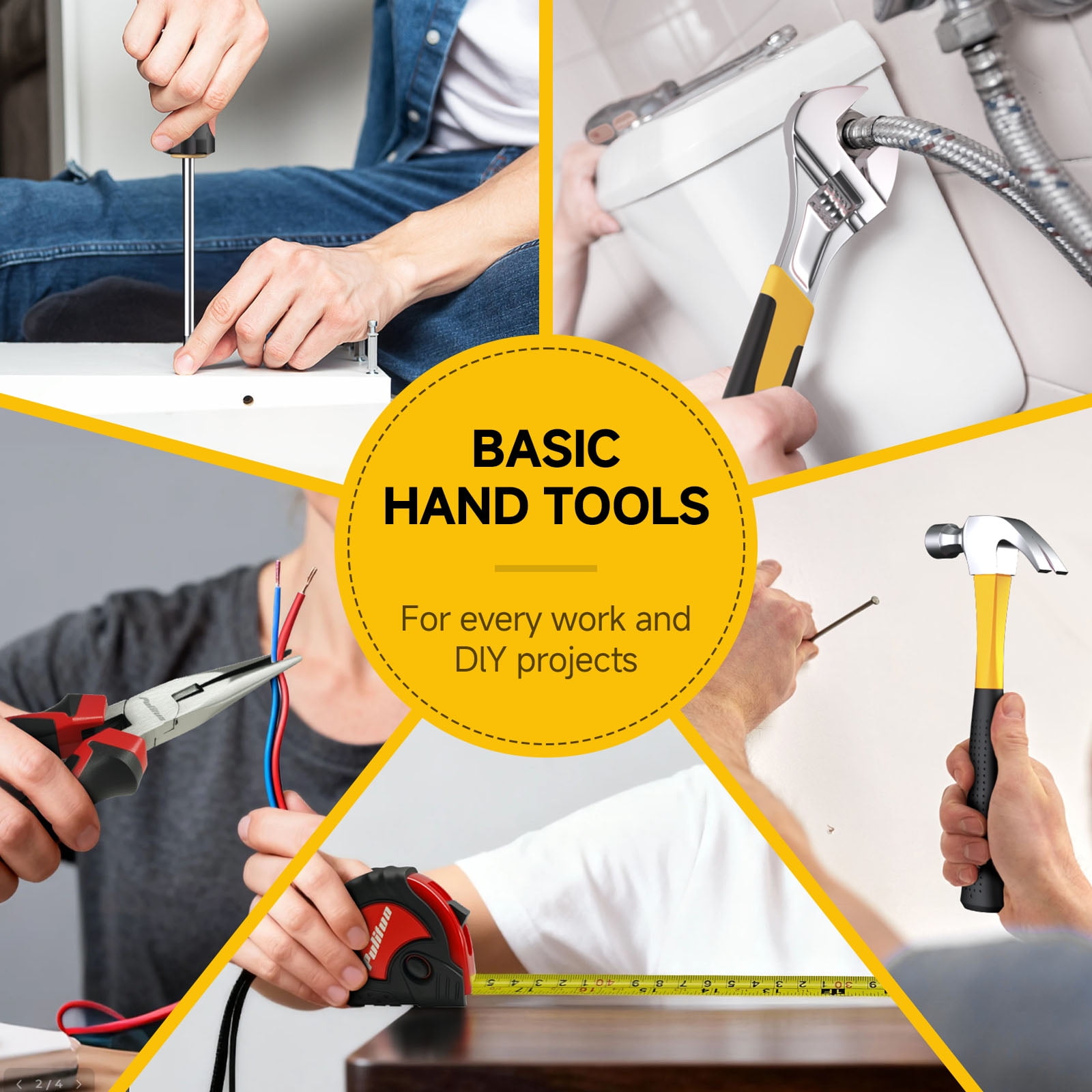Pulituo 20V Cordless Drill Driver Kit, Home Tool Set with 20V Lithium-Ion Drill, 2pcs Battery, 120PCS All-Purpose Kit, 21+1 Torque, 2-Speed, DIY & Home Repairs Yellow