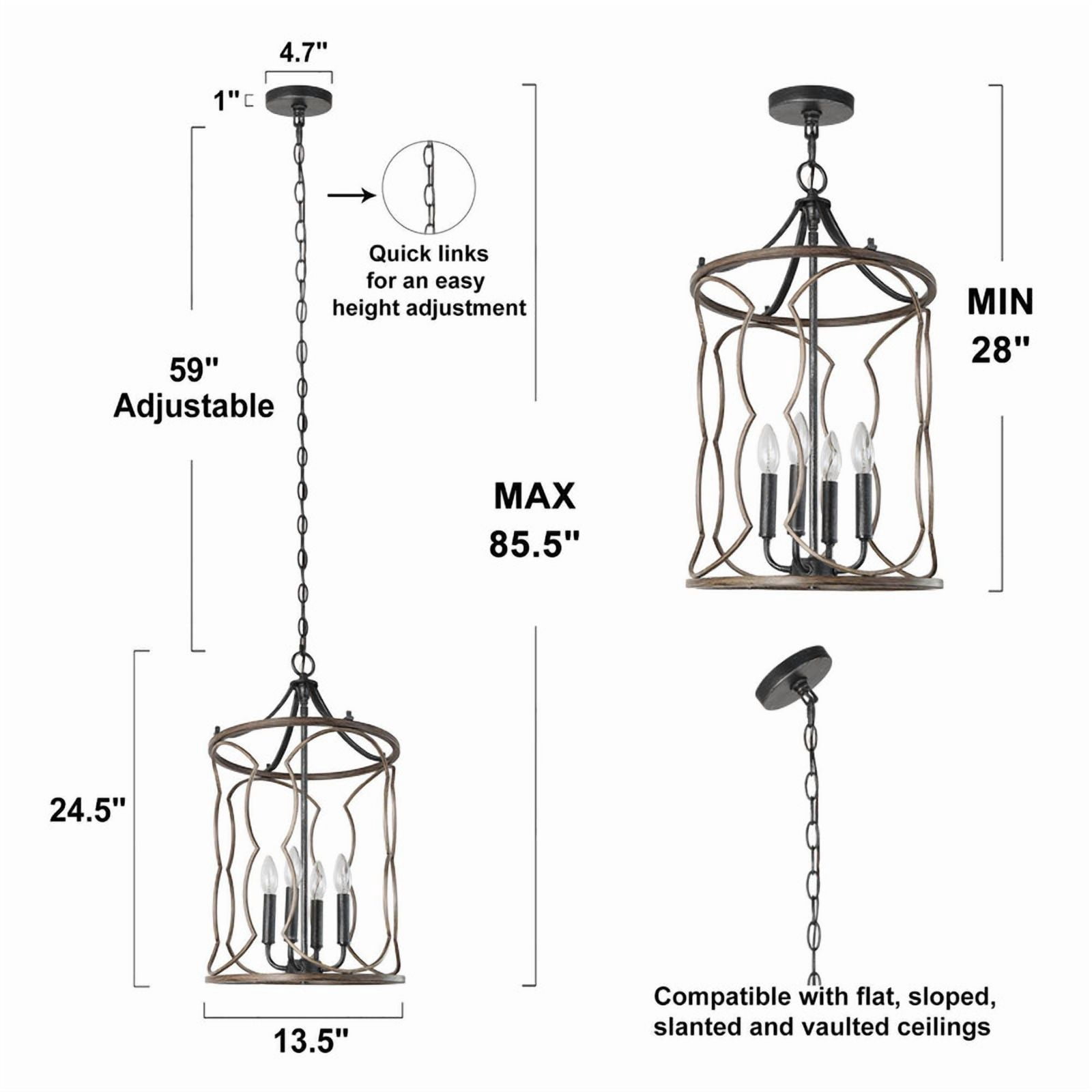 LNC Celosia 4-Light Black and Wood Cage Pendant Light for Dining Room or Foyer