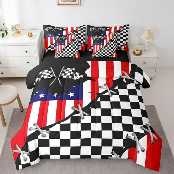 Erosebridal Usa Flag Bedding Sets Twin Size,Geometric Buffalo Comforter Sets with Sheets,Racing Flags Bed in a Bag Twin size,Ultra Soft Vintage Room Decorative,Reversible,7-Piece