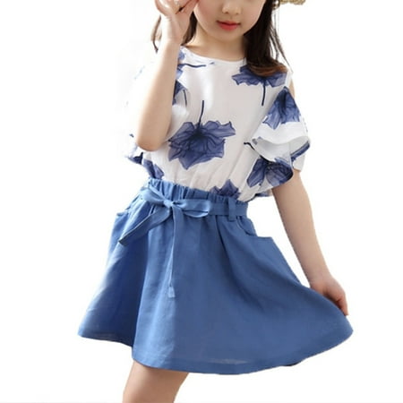 

Chaoren Skirt Off Shoulder Floral Print Casual Girls Short Sleeve Top Loose Skirt Set for Daily Life