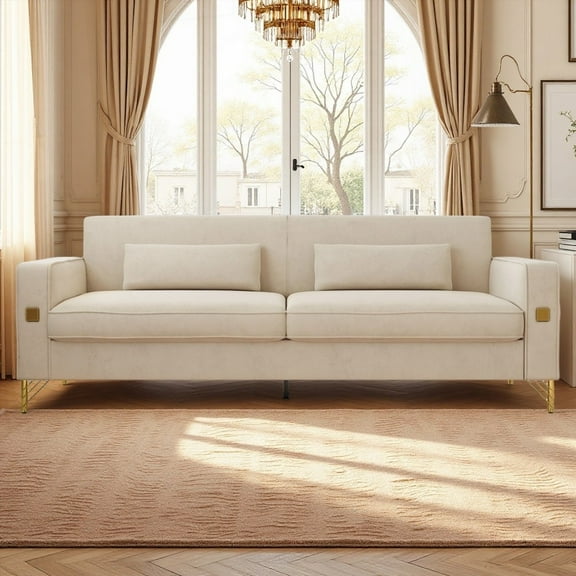 Modern Beige Plush Fabric 3-Seater Sofa 85.83" with Metal Legs & Removable Pillows for Living Room