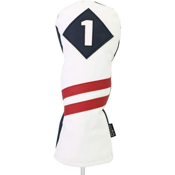 Majek Retro Golf Headcover White with Red Stripe Vintage Leather Style 1 Driver Head Cover Fits 460cc Drivers Classic Look