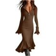 thumbnail image 1 of Pulls pour Femmes, Élégant Robe Chandail en Chiffon Uni à Manches Longues Demi-Fermeture à Glissière Évasées en Tricot Résille, Robe Maxi pour Femmes, 1 of 9