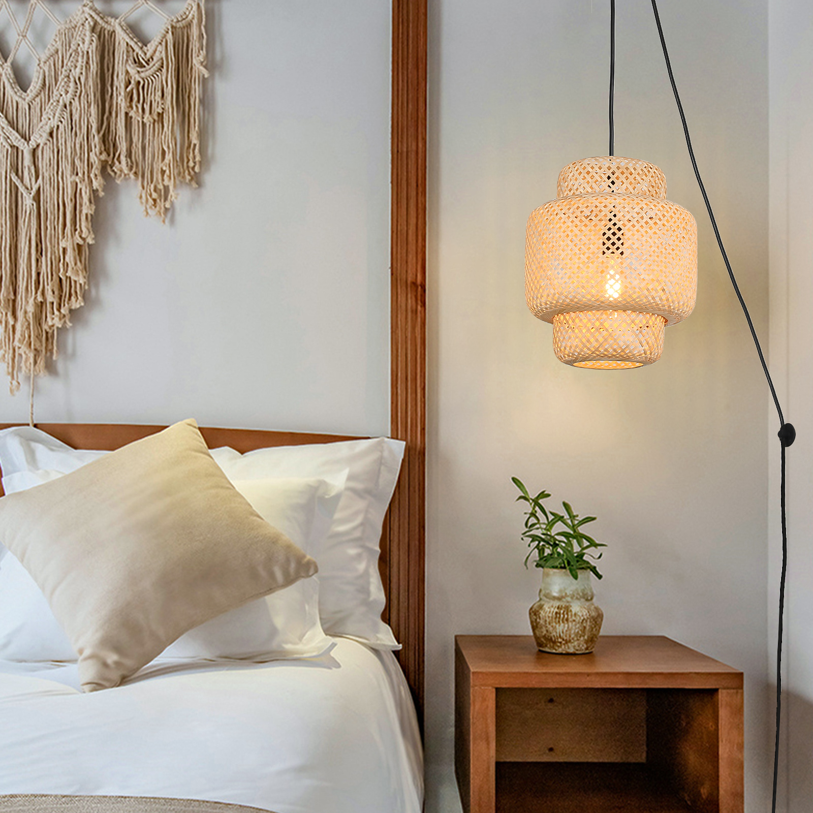Injak Hand Woven Bamboo Pendant Lighting for Kitchen Island, Plug in Cord Wicker Ceiling Hanging Lamp, Rattan Basket Chandelier Fixture for Living Room Dining Room Restaurant (Cake Lampshape)