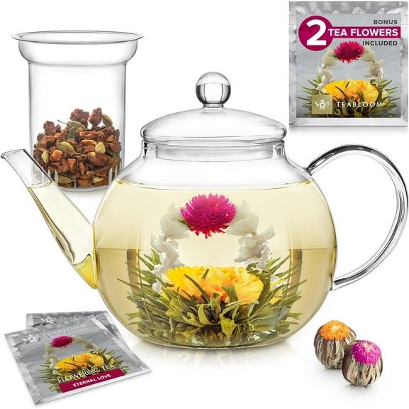& Microwave Safe Glass Teapot with Removable Loose Tea Glass Infuser – Includes 2 Blooming Teas – 2-in-1 Tea Kettle and Tea Maker – Tea Purist's Choice