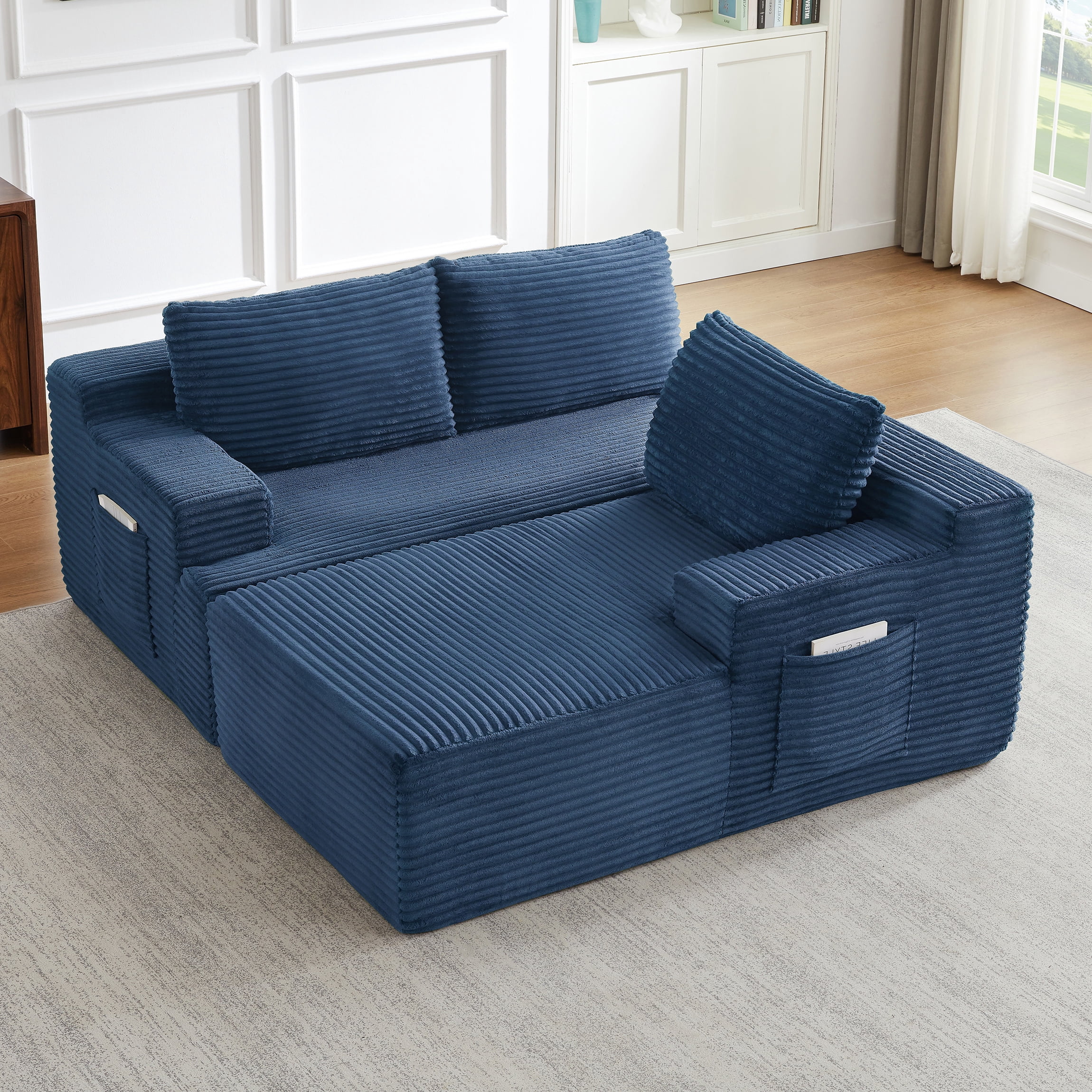 Vanress 96 Inch Modular Sectional Couches for Living Room, Modern Boneless Sofa, Upholstered Deep Seat Cloud Couch, Corduroy Comfy L-Shape Sofas Couches, No Assembly, Blue (Right Facing Chaise)