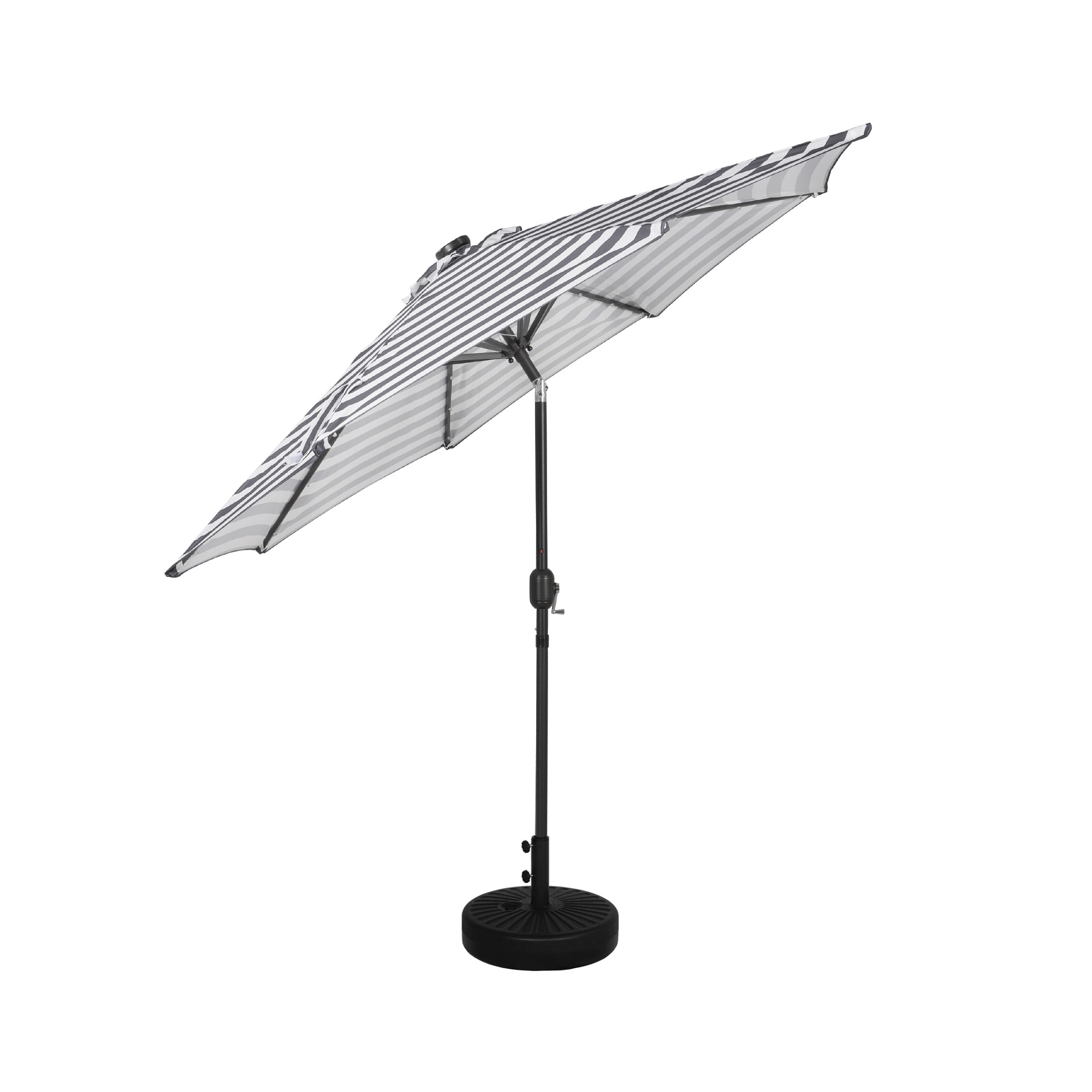 GARDEN 9 Ft Solar LED Patio Umbrella with Black Round Base Weight Included, Gray/White Stripe