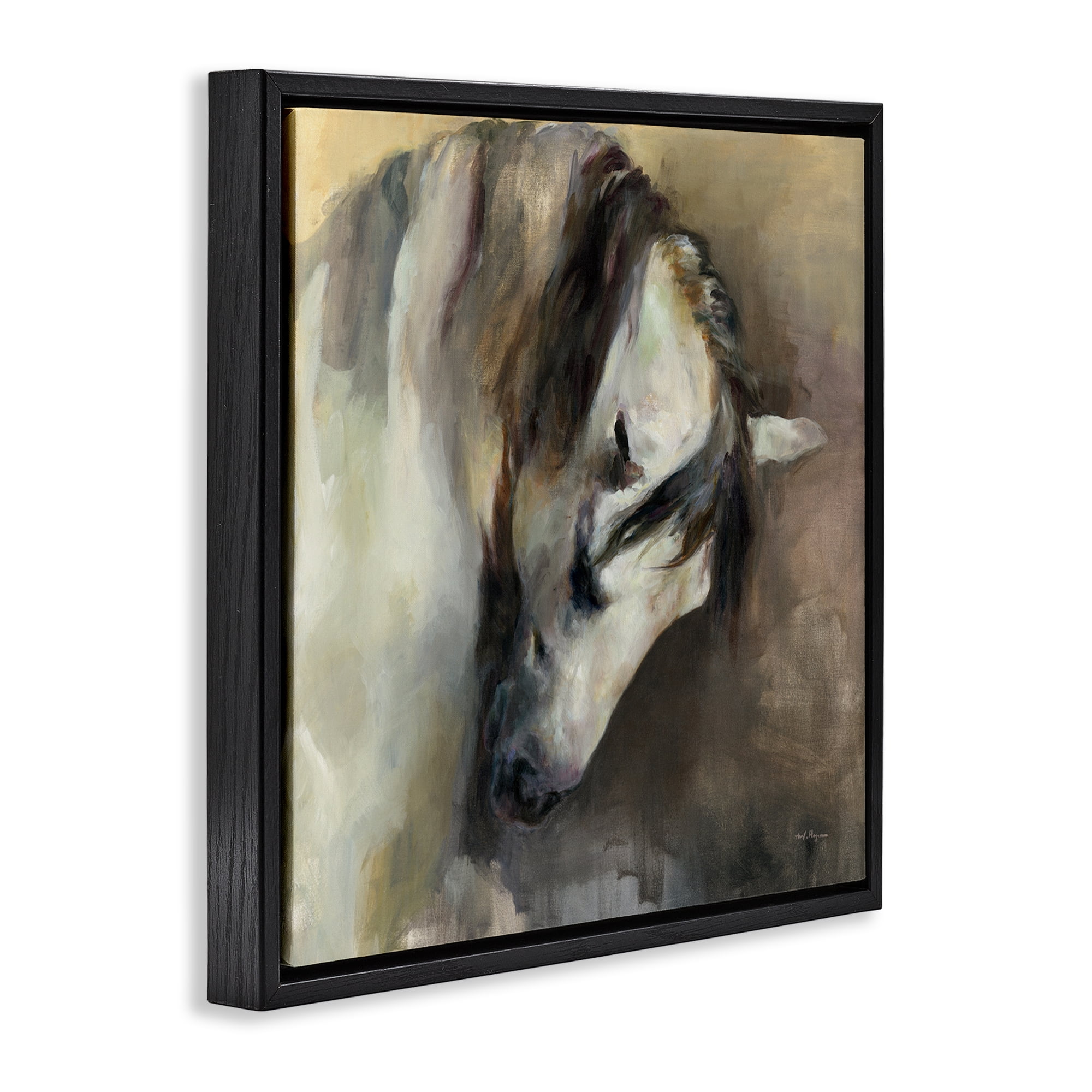 Stupell Industries Classical White Horse Animals Painting Black Floater Framed Canvas Art Print Wall Art, 18 x 18