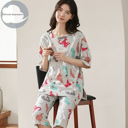 

QWZNDZGR Summer Knitted Cotton Cartoon Pajamas Sets Women Pyjamas Sleepwear Nightwear Pijama Mujer Plus Size Calf-Length Pants Homewear