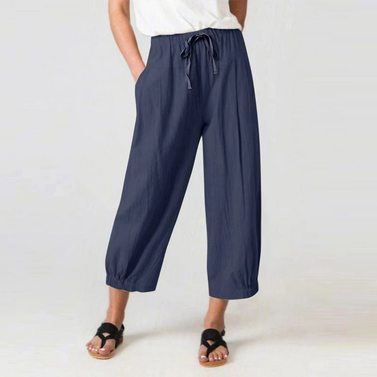 SELONE Linen Pants for Women Beach With Pockets High Waist High Rise  Elastic Waist Casual Long Pant Loose Solid Color Comfortable Ankle-Length  Pants
