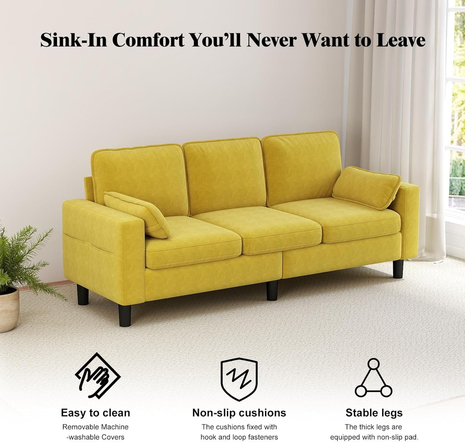 Kinbor Multi-Functional 3-Seater Sofa Chair, Modern Accent Chairs Comfy Living Room Chair with Cushions & Side Pocket, Yellow