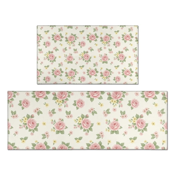Pioneer Flower Floral Print Pattern Kitchen Rugs Sets Of 2, Anti Fatigue Non Slip Washable Floor Mats for Kitchen Sink Laundry, 17X30 Inch 17X47 Inch