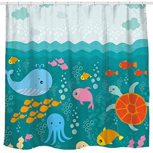 Sunlit Lovely Cartoon Sea Creatures Fabric Shower Curtain For Kids Whale Turtle And Fish Bathroom Decor Girls Boys Com Sunlit Lovely Cartoon Sea Creatures, Childrens Shower Curtains Fabric