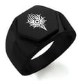 thumbnail image 1 of Stainless Steel Tribal Torch Rune Engraved Hexagon Crest Flat Top Biker Style Polished Ring, 1 of 1