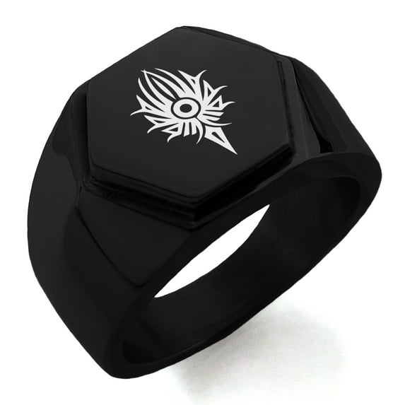 Stainless Steel Tribal Torch Rune Engraved Hexagon Crest Flat Top Biker Style Polished Ring
