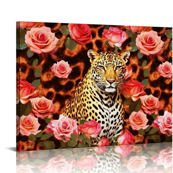 Shiartex Leopard Print Roses Maximalism Canvas Wall Art Print Home Decor Living Room Bedroom Office Wall Decor 20x16in