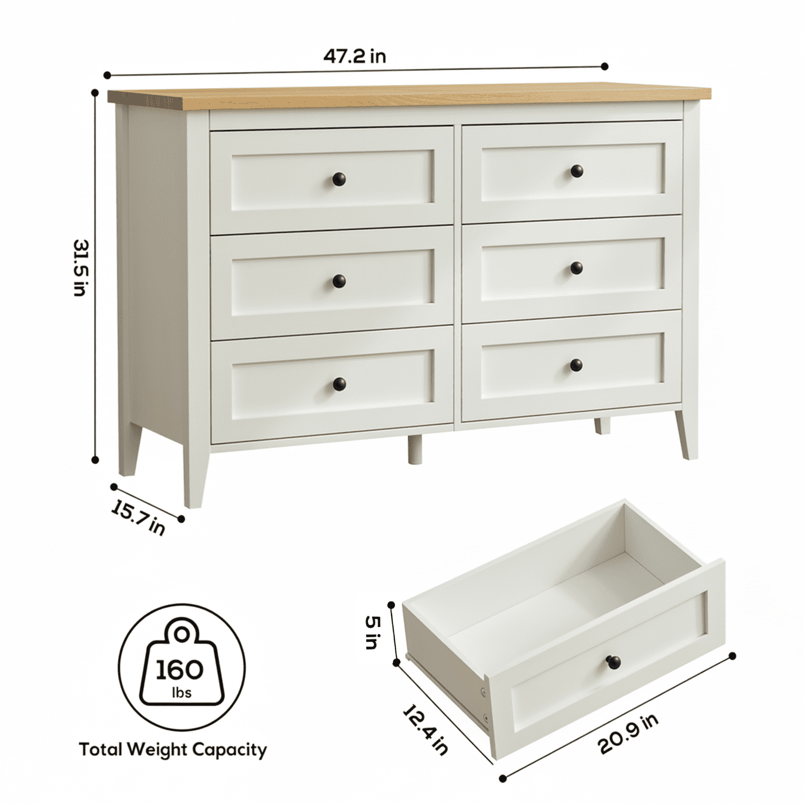 RichYa 6 Drawer Dresser for Bedroom,Chest of Drawers with Metal Knobs,Dresser for Closet,Kids,Wood
