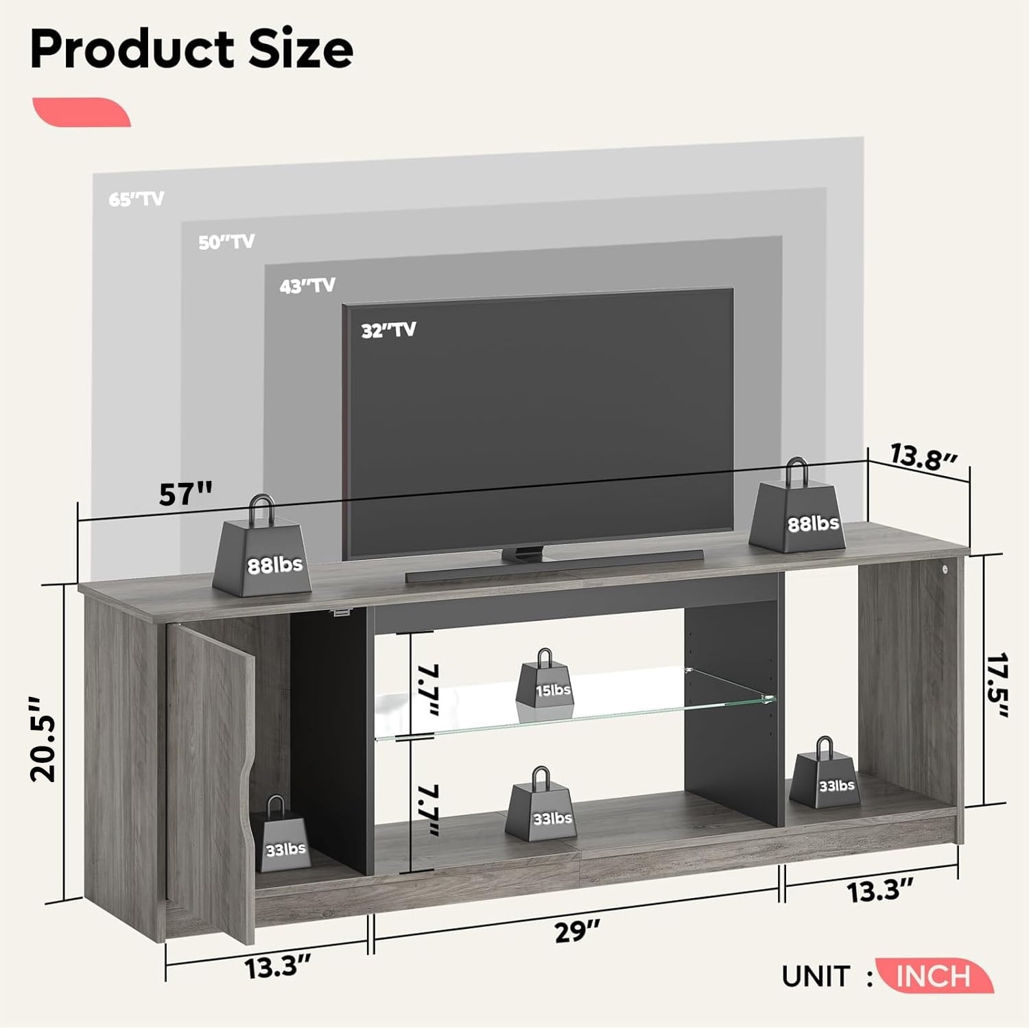 Bestier LED TV Stand for TVs up to 65 inch TV Gaming Entertainment Center for TVs, Grey Wash